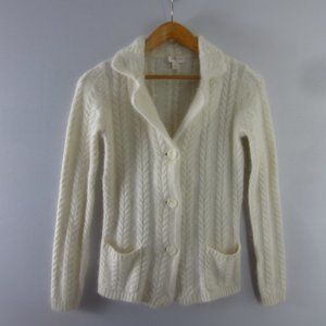 Kenar Womens Small Ivory White LS Angora Cable Knit Cardigan Sweater Pockets
